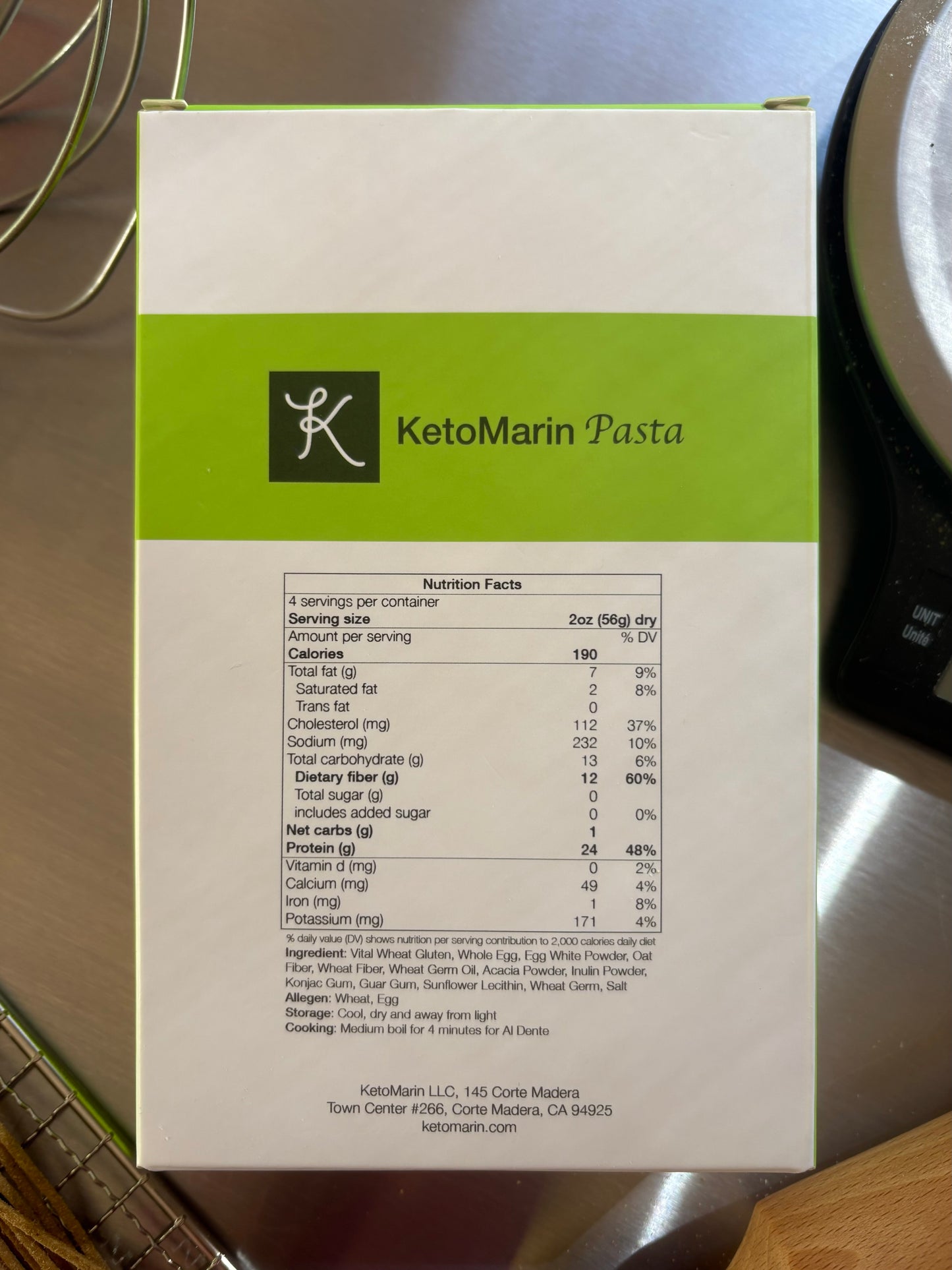 KetoMarin Pasta box back - 100% real pasta flavor, 100% plant and egg derived, 100% USA sourced and produced