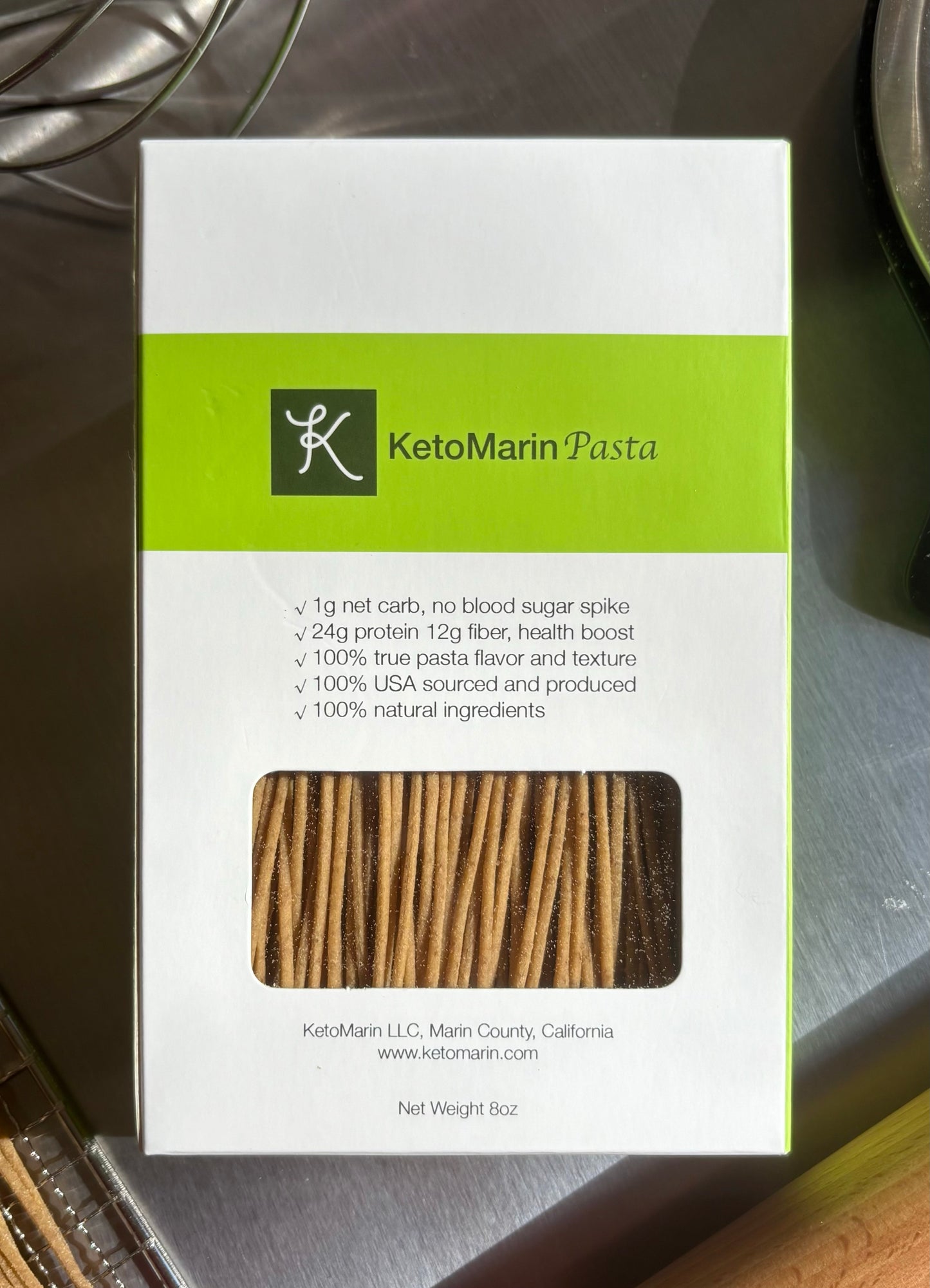 KetoMarin Pasta box front – 1g net carb 24g protein 12g fiber per 56g serving